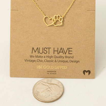 Gold Dipped Dog Paw Heart Cutout Pendant Necklace