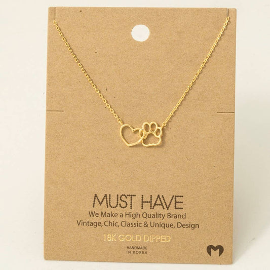 Gold Dipped Dog Paw Heart Cutout Pendant Necklace